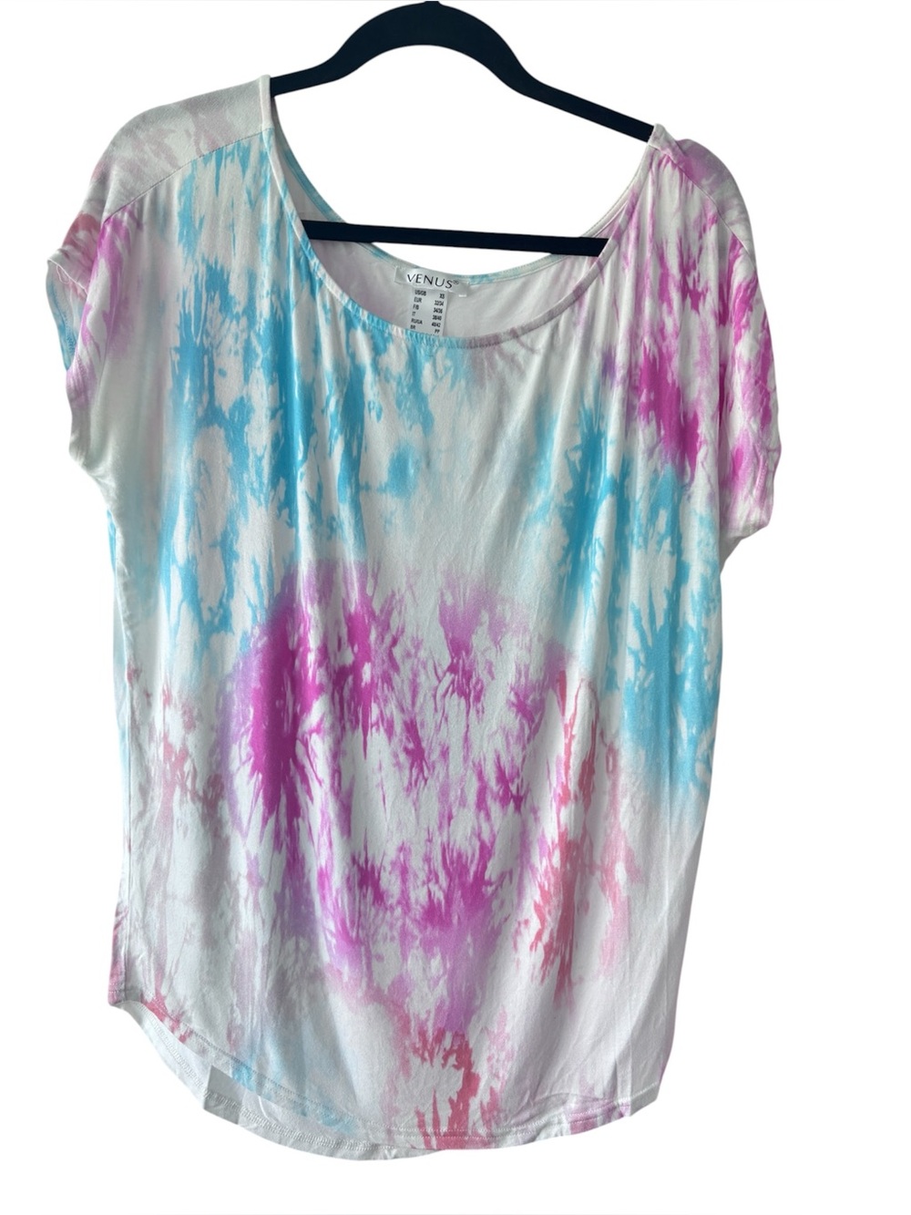 VENUS White Scoop Neck Tie-Dye Top with Pink & Blue